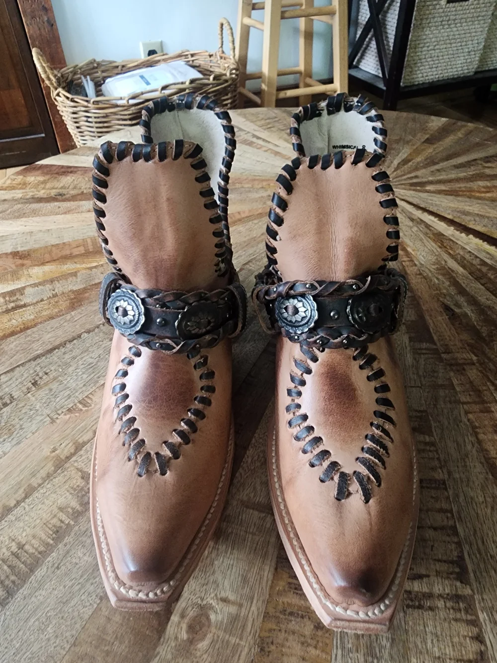 freebird Whimsical Tan Leather Western Ankle Boots with Decorative Concho Strap